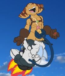 2026 2boys ass balls butt_crack commission cum cumshot day electricity erection flying furry furry_only gay how-did-we-get-here male male_only original_character penis pleasure_face ratchet_(ratchet_and_clank) ratchet_and_clank rocket_boots sky tail video_games wrench yaoi