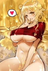 :d animal_ears apt bear_ears blonde_hair blush bottomless breasts crop_top disney female genderswap heart honey humanized jar large_breasts looking_at_viewer navel open_mouth original pooh_bear red_shirt rule_63 shirt short_hair short_sleeves sitting smile solo spoken_heart stomach straight_hair underboob winnie_the_pooh_(franchise) yellow_eyes