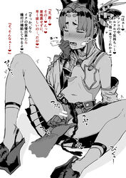 absurdres ass bar_censor bare_shoulders blush breasts censored closed_eyes detached_sleeves fangs fate/grand_order fate_(series) female fingering gloves greyscale hat highres long_hair monochrome navel oosawara_sadao open_mouth pussy saliva side_ponytail simple_background sitting socks spread_legs tongue translation_request ushiwakamaru_(fate/grand_order) vaginal_penetration white_background