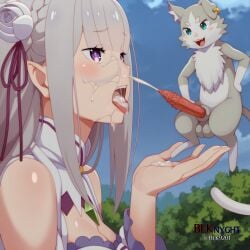 1boy 1girls ai_generated animal_genitalia animal_penis blk9201 blush cat cum cum_in_mouth cum_inside cum_on_face cum_on_tongue elf elf_female emilia_(re:zero) facial feline feline_penis interspecies open_mouth pointy_ears puck_(re:zero) re:zero_kara_hajimeru_isekai_seikatsu size_difference spiked_penis zoophilia