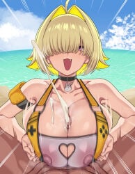 1boy 1girls bangs_over_eyes blonde cum ejaculation elegg_(boom_and_shock)_(nikke) elegg_(nikke) goddess_of_victory:_nikke hiyoko_spot huge_breasts paizuri penis semen short_hair