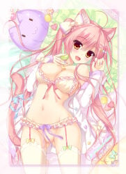 1girl ahoge ameto_yuki animal_ear_fluff animal_ears areola_slip areolae bikini blush bow breasts brown_eyes cat_ears cleavage convenient_censoring food frilled_bikini frills garter_belt hair_bow hair_ornament hairclip heart highres jewelry large_breasts long_hair looking_at_viewer lying macaron multicolored_nails nail_polish navel necklace nipple_slip nipples on_back open_clothes open_mouth original pillow pink_hair pussy smile solo swimsuit thighhighs white_bikini white_thighhighs