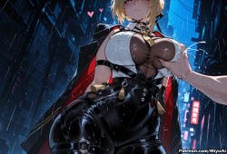 1boy 1girl ai_assisted ai_generated bangs black_legwear black_skirt blonde_hair blush breast_grab breasts cape curvaceous curvy curvy_female curvy_figure evelyn_chevalier female gloves grabbing heart large_breasts military miyuai mole necktie purple_eyes rain shirt short_hair skirt sleeveless solo_focus thick thick_ass thick_butt thick_hips thick_legs thick_thighs voluptuous voluptuous_female wet white_shirt wide_hips wide_thighs zenless_zone_zero