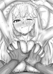 1boy 1girls alternate_breast_size asian_female big_breasts blush breast_grab breast_squeeze breasts cum cum_between_breasts cum_on_face double_breast_grab ejaculation_between_breasts engulfing_paizuri facial female head_on_pillow huge_breasts kaiman_garupan large_breasts long_hair male monochrome nude nude_female on_back on_bed one_eye_closed paizuri paizuri_facial paizuri_flux paizuri_lead_by_male penis pov pov_paizuri shiny_skin shokuhou_misaki straddling straddling_paizuri straight sweat sweaty sweaty_body to_aru_kagaku_no_railgun to_aru_majutsu_no_index