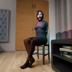 1girls 3d assmodeusbonds blonde_hair blue_eyes bondage captured chair_bondage cleave_gag cressida_bright damsel_in_distress dress gag gagged james_bond_(series) pantyhose rope_bondage solo solo_female solo_focus spy tied tied_to_chair tied_up