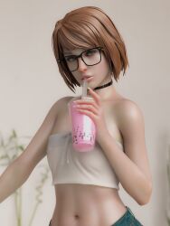 1girls 3d breasts brown_hair choker female female_only glasses glossyheat life_is_strange max_caulfield nipples nipples_visible_through_clothing small_breasts solo translucent_clothing