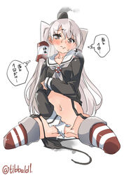 amatsukaze_(kantai_collection) bangs black_panties blush breasts breath brown_eyes cowboy_shot cropped_legs dress dress_lift ebifurya eyebrows_visible_through_hair female fingering garter_straps gloves groin hair_tubes heart highres kantai_collection lifted_by_self long_hair long_sleeves masturbation navel open_mouth panties panties_around_leg pussy_juice sailor_dress side-tie_panties simple_background single_glove small_breasts smoke smokestack solo speech_bubble spoken_heart stomach striped striped_legwear sweat thighhighs translation_request trembling two_side_up underwear untied untied_panties white_background white_gloves white_hair