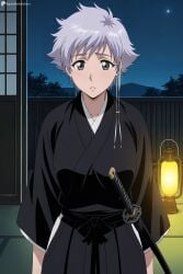 1girl ai_generated black_hakama bleach digitalwaifugallery grey_eyes grey_hair hakama hi_res high_quality high_resolution japanese_clothes katana lantern looking_at_viewer night patreon seductive sexy short_hair solo sword uncensored watermark weapon