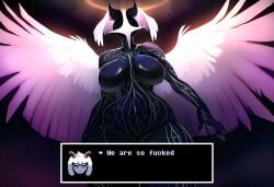 2_horns ai_generated angel anthro big_breasts black_body black_breasts bovid breasts caprine deltarune english_text eyewear fasade feathered_wings feathers featureless_breasts female fur goat halo horn humanoid male mammal nude pink_horn profanity ralsei solo spread_wings text thick_thighs titan_(deltarune) undertale_(series) white_body white_fur white_wings wings