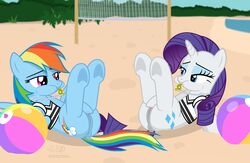 2017 anus ass beach clothed clothing cutie_mark duo equine eye_contact feathered_wings feathers female feral friendship_is_magic hair horn lying mammal multicolored_hair my_little_pony on_back pegasus pussy rainbow_dash_(mlp) rainbow_hair rarity_(mlp) sand seaside shutterflyeqd sky unicorn whistle wings