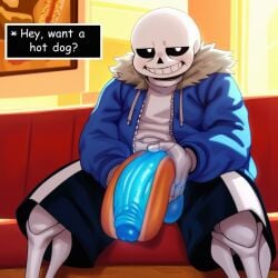 ai_generated animated_skeleton balls blue_clothing blue_genitals blue_penis bone bottomwear clothed clothing dialogue english_text food genitals hot_dog humanoid humanoid_genitalia humanoid_penis looking_at_viewer male penis phantomlamb sans_(undertale) shorts sitting skeleton smile solo text topwear undead undertale_(series) white_eyes