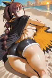 1girl ai_generated ass beach bikini bikini_top black_bikini blush breasts brown_hair cape denim denim_shorts from_behind green_eyes hi_res high_quality high_resolution long_hair looking_at_viewer looking_back lying ocean outdoors patreon ponytail re:zero_kara_hajimeru_isekai_seikatsu ribbon savvyraexo seductive sexy shaula_(re:zero) shiny shiny_skin short_shorts shorts sideboob smile solo swimsuit thighs uncensored very_long_hair watermark