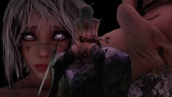 3d 3d_(artwork) adepta_sororitas armor armored_female belt black_background bob_cut bullet bullets deep_penetration multiple_angles pistol purple_eyes ryanreos scar shoving shoving_face_in_pussy sister_of_battle sole_female solo sword tattoo tattoos weapons white_hair
