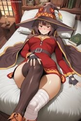1girl ai_generated bandaged_leg bandages bed belt black_gloves black_legwear blush breasts brown_hair cape dress fingerless_gloves gloves hand_on_own_stomach hat hi_res high_quality high_resolution kono_subarashii_sekai_ni_shukufuku_wo! looking_at_viewer lying megumin on_back on_bed patreon pillow red_eyes savvyraexo seductive sexy short_dress short_hair single_thighhigh smile solo thighhighs uncensored watermark witch_hat