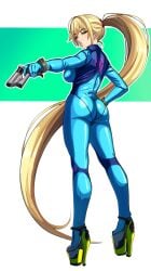 1girls aaaoro ass big_ass blonde_hair bodysuit female female_only fully_clothed gun high_heels metroid nintendo samus_aran skin_tight solo tight_clothing zero_suit zero_suit_samus