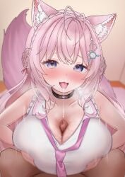 1boy 1girl animal_ear_fluff animal_ears antenna_hair bare_shoulders black_choker blurry blurry_background blush braid braided_bun breasts breasts_squeezed_together censored choker cleavage collarbone collared_shirt commentary crown_braid double_bun drooling fang fingernails frilled_shirt frills hair_bun hair_ornament hair_ribbon hakui_koyori hakui_koyori_(1st_costume) heart heart_choker highres hololive huge_breasts indoors long_hair looking_at_viewer mosaic_censoring motion_blur motion_lines nail_polish necktie open_mouth paizuri penis pink_hair pink_nails pink_necktie pink_tail pov pov_crotch purple_eyes red_ribbon ribbon saliva saliva_trail shirt sleeveless sleeveless_shirt smile solo_focus somari_(somari_cat) tail tongue tongue_out virtual_youtuber white_shirt wolf_ears wolf_girl wolf_tail