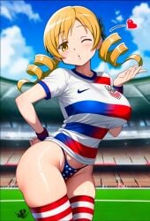 ai_generated american_flag_bikini american_flag_bikini_bottom american_flag_legwear artist_logo big_boobs big_breasts blowing_kiss breasts curvy curvy_female curvy_figure drill_hair football football_jersey football_uniform hi_res jersey madoka_worship magical_girl mahou_shoujo_madoka_magica puella_magi_madoka_magica soccer soccer_jersey stadium stadium_background thick_thighs thighhighs tomoe_mami twin_drills twintails wide_hips world_cup yellow_eyes yellow_hair