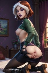 1girls ai_generated anna_marie anus artist_name ass bed bedroom black_footwear black_gloves black_pantyhose boots breasts brown_hair closed_eyes clothes_lift clothes_pull collar curtains female_human from_behind gloves goth_fashion green_shirt hi_res indoors kneeling long_sleeves makeup marvel marvel_comics medium_breasts multicolored_hair nipples no_bra on_bed pantyhose patreon_username progenarts purple_lips pussy rogue_(evolution) rogue_(x-men) shirt shirt_lift short_hair skirt solo spiked_collar spikes spread_anus spread_ass two-tone_hair uncensored web_address white_hair window x-men x-men_evolution