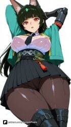 1girl ai_generated animal_ear_fluff animal_ears arms_behind_head arms_up artist_name bangs belt black_hair black_necktie black_skirt blue_jacket blunt_bangs boots breasts covered_nipples from_below hoshimi_miyabi jacket large_breasts long_hair looking_at_viewer necktie open_mouth pantyhose patreon pleated_skirt questionable red_eyes see-through senpai_pixels shirt simple_background skirt solo thighhighs thighs wet wet_clothes white_background white_shirt zenless_zone_zero