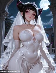 1girl ai_generated arlequin097 bare_shoulders black_hair blush breasts bridal_veil bride choker cleavage closed_mouth collarbone covered_navel dress earrings elbow_gloves full_moon gloves hair_horns jewelry juri_han large_breasts lips looking_at_viewer moon night night_sky outdoors patreon_username pillar pink_eyes pink_lips purple_eyes skirt_hold sky smile solo strapless strapless_dress street_fighter street_fighter_6 street_fighter_v tiara veil wedding_dress white_dress white_gloves