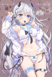 1girl ameto_yuki arm_up armpits ass_visible_through_thighs bare_shoulders bikini bikini_bottom_only black_choker blue_eyes breasts candy chocolate choker crop_top demon_horns demon_tail food frilled_shirt frilled_thigh_strap frills grey_hair hand_up heart heart-shaped_chocolate heart-shaped_food highres horns jacket long_hair long_sleeves looking_at_viewer medium_breasts mouth_hold navel no_pants off_shoulder open_clothes open_jacket original sailor_collar shirt side-tie_bikini_bottom sleeveless sleeveless_shirt solo standing stomach string_bikini striped_bikini striped_clothes swimsuit tail thigh_strap thighs very_long_hair white_jacket white_shirt
