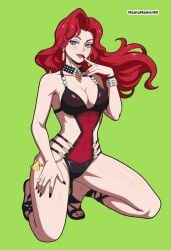 1girls 2026 2d 2d_(artwork) artist_name avengers big_breasts black_nails black_one-piece_swimsuit black_sandals black_widow_(marvel) black_widow_(marvel_rivals) blue_eyes bracelet breasts cleavage covered_navel curtained_hair earrings eyelashes finger_in_mouth finger_on_lip finger_to_mouth floating_hair full_body gem green_background jewelry kneeling large_breasts light-skinned_female light_skin lipstick long_hair makeup marvel marvel_comics marvel_rivals mature_female multiple_rings natasha_romanoff necklace one-piece_swimsuit pearl pearl_necklace red_hair red_lips revealing_clothes revealing_swimsuit ring sandals sexy_body sexy_female sexy_pose simple_background swimsuit very_long_hair video_games wind