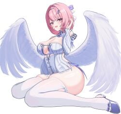 1girl absurdres breasts bridal_gauntlets commentary_request dress high_heels highres large_breasts looking_at_viewer medium_hair pink_hair purple_eyes remielle_dan simple_background sitting smile solo thighhighs thighs wariza white_background white_dress white_thighhighs white_wings wings zenless_zone_zero