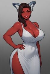 1girls ai_generated amber_eyes big_breasts black_sclera cleavage curvy_body curvy_female curvy_figure dark_brown_hair dark_red_lipstick demon_girl demon_horns female female_only gray_horns hourglass_figure hourglass_figured_female huge_breasts long_hair naughty_one original original_character perchance_ai red_skin red_skinned_female seductive seductive_female seductive_smile solo solo_female solo_focus thick_thighs voluptuous voluptuous_body voluptuous_female wavy_hair white_dress wide_hips