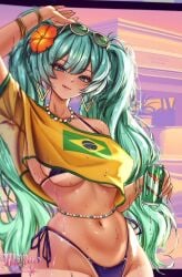 bikini blue_hair brazilian brazilian_female brazilian_miku canned_drink grand_theft_auto grand_theft_auto_vi hatsune_miku meowmaffura miku_hatsune sunglasses tan_body tan_lines tan_skin vocaloid
