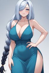 1girls ai_generated big_breasts blue_eyes braided_hair cleavage curvy_body curvy_female curvy_figure cyan_dress fair_skin fair_skinned_female female female_only genshin_impact hourglass_figure hourglass_figured_female hoyoverse huge_breasts perchance_ai seductive seductive_female seductive_smile shenhe_(genshin_impact) solo solo_female solo_focus thick_thighs voluptuous voluptuous_body voluptuous_female white_hair wide_hips
