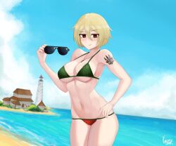 azov_chan beach bikini blonde_female blonde_hair cross edited_by_uploader looking_at_viewer marichka seaside sexy sexy_body smirk sunglasses tryzub ukrainian ukrainian_girl vingete