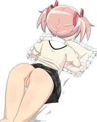 1girl absurdres anus anus_peek ass black_skirt commentary facing_away frilled_pillow frills highres kaname_madoka mahou_shoujo_madoka_magica mitakihara_school_uniform no_panties pillow pink_hair plaid_clothes plaid_skirt pussy red_ribbon ribbon school_uniform skirt solo tew_tewer twintails white_background