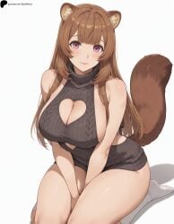1girl 1girls ai_generated animal_ears armpit_crease bangs breasts brown_hair cleavage cleavage_cutout closed_mouth hand_between_legs hi_res high_quality high_resolution highres large_breasts light light_blush lips long_hair looking_at_viewer nose opal_nemy patreon_logo patreon_url patreon_username pink_eyes plain_background raccoon_ears raccoon_tail raphtalia self_upload shadow shiny shiny_hair shiny_skin simple_background sitting socks solo sweater tail tate_no_yuusha_no_nariagari the_rising_of_the_shield_hero thick_thighs thighs turtleneck turtleneck_sweater virgin_killer_sweater wariza watermark white_background white_socks