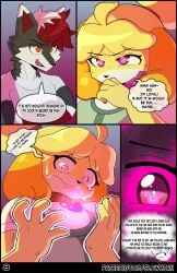 absurd_res animal_crossing anthro anthro_on_anthro artifact_the_fox big_breasts black_fur blonde_hair brainwashed brainwashing canine cheating cheating_(relationship) cheating_female cheating_girlfriend clothed clothed_breasts collar collar_tag comic comic_page corrupted corruption crossed_arms dialogue dirty_talk dog dog_girl dominant_male dress_shirt duo eyelashes female femsub floppy_ears fox fox_boy frown furry glowhorn glowing glowing_eyes green_shirt hair_accessory hair_tie hand_on_face heart_eyes heart_pupils heart_symbol hypnosis hypnotized imminent_cheating infidelity isabelle_(animal_crossing) lighting looking_down looking_pleasured magic male maledom master mind_alteration mind_control nervous nervous_look nervous_sweat netorare nintendo orange_eyes pink_eyes ponytail red_fur red_hair red_nose scared scared_eyes shaking shaking_arms sharp_teeth shuddering simple_background slave smile smug smug_expression smug_face speech_bubble submissive_female sweat sweatdrop t-shirt tan_fur tongue white_fur white_hair white_shirt yellow_fur