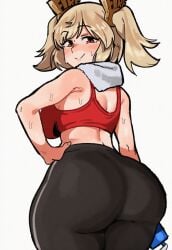 1girls ass ass_focus bare_shoulders blonde_hair blush breasts burnice_white from_behind huge_ass looking_at_viewer looking_back red_eyes smile solo sports_bra sweat thick_thighs twintails zenless_zone_zero