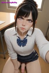 1boy after_fellatio after_oral ai_generated balls cum cum_on_face femboy otoko_no_ko penis pov skirt trap yaoi