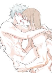 2boys anal anal_sex arms_around_neck baka_roll blush brown_hair carrying_partner closed_eyes completely_nude embrace erection french_kiss gay gintama gintoki_sakata kissing long-haired_male long_hair male male_only muscular muscular_male nude penis saliva_trail teacher_and_student tongue_out white_hair yaoi yoshida_shouyo
