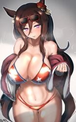 1girl adult alternate_costume animal_ears bare_shoulders bikini breasts brown_hair cleavage ear_ornament eyewear_on_head grey_background highres horse_ears horse_girl horse_tail jacket kanikama25 large_breasts long_hair navel open_clothes open_jacket print_bikini purple_eyes red-framed_eyewear red_bikini seductive_look seductive_pose seeking_the_pearl_(umamusume) simple_background solo star_(symbol) star_print star_print_bikini stomach sunglasses swimsuit tagme tail thick_thighs umamusume wide_hips