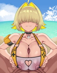 1boy 1girls bangs_over_eyes blonde elegg_(boom_and_shock)_(nikke) elegg_(nikke) goddess_of_victory:_nikke hiyoko_spot huge_breasts paizuri penis short_hair