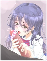 1boy areolae blue_hair breasts brown_eyes censored drooling female frapowa heart heart_censor holding_penis large_penis licking long_hair love_live! love_live!_school_idol_project open_mouth penis penis_licking precum saliva school_uniform sonoda_umi tears tongue tongue_out