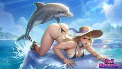 1girl ai_generated artist_name artist_signature ass ass_focus big_ass_(female) blonde_female blonde_hair blue_sky comic_character dolphin emma_frost emma_frost_(marvel_rivals) emma_frost_(white_wave_queen) female hat jewelry light-skinned_female marvel marvel_rivals netease_games ocean ocean_background oceanic_dolphin signature swimsuit thighs tight_clothing video_game woman x_username yallahs80