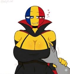 blue_eye breast_grab countryhumans countryhumans_girl eye_hearts eyelashes fangs hearts_around_text hearts_in_eyes kak0yt0_chel_style red_eye romania_(countryhumans) vampire_costume vampire_girl yellow_breasts