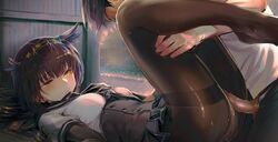 1boy admiral_(kantai_collection) black_gloves black_hair blush bodysuit breasts brown_hair censored elbow_gloves female gloves grinding hairband hand_on_own_chest hatsuzuki_(kantai_collection) kantai_collection lying mosaic_censoring on_back pantyhose parted_lips penis pleated_skirt rubbing_pussy sabaku_no_tanuki sailor_collar sailor_shirt shirt short_hair skirt small_breasts straight sweat thighband_pantyhose underbust yellow_eyes