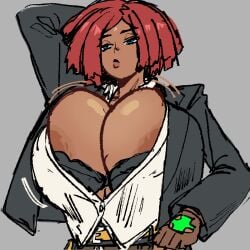 1girls areola areolae areolae_slip blue_eyes boobs bra breasts business_suit giovanna_(guilty_gear) henfent huge_breasts lips red_hair solo solo_female solo_focus suit tentecreul uniform uniform_female