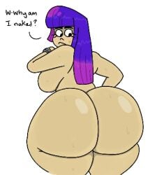 1girls big_ass big_breasts big_butt dialogue glitch_techs looking_back miko_kubota nude purple_hair sweat tagme theslashfive