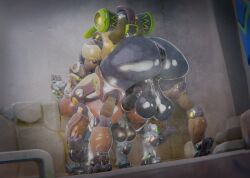 3d anal black_skin brown_skin cyborg donut_anus futa_on_futa futa_only futanari glossy highres horse horse_girl horsecock huge_balls huge_cock low-angle_view orisa overwatch reindeer_orisa sex sweat sweaty thick_thighs wide_hips