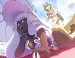 2girls applying_sunscreen bare_shoulders beach beach_towel bikini blue_sky blunt_bangs braid breasts chocolate_and_vanilla cleavage closed_eyes closed_mouth cloud collarbone dark-skinned_female dark_skin eyewear_on_head feet_out_of_frame green_hair harujio_(pokemon) hat holding_sunscreen jacinthe_(pokemon) juno_son large_breasts lebanne_(pokemon) light-skinned_female light_skin long_hair lotion lotion_bottle master_and_servant midriff multiple_girls navel open_mouth outdoors pokemon pokemon_legends:_z-a purple_bikini purple_eyes purple_hair sky smile sun_hat sunglasses sunscreen swimsuit teeth thick_thighs thighs towel umbrella upper_teeth_only very_long_braid wide_hips yukari_(pokemon)