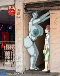 1boy 1girls alcina_dimitrescu alleyway_milf_(meme) areolae ass_squeeze bare_arms bare_breasts bare_shoulders bare_thighs belly belly_bulge big_ass big_breasts bizdrawings boner boner_in_pants breasts_apart ethan_winters flip_flops hands_up hat height_difference huge_ass huge_breasts leaning_forward looking_at_another looking_down nipples nude_female panties resident_evil resident_evil_8:_village shirt shorter_male shorts size_difference smile tall_female taller_female thick_thighs topless