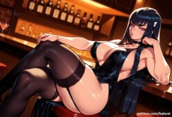 1girl ai_generated balecxi bar_(place) black_dress black_hair black_thighhighs blue_eyes choker cocktail_glass crossed_legs garter_straps kill_la_kill kiryuuin_satsuki large_breasts long_hair looking_at_viewer patreon_username sitting solo thick_eyebrows thighs