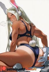 1girl ai_generated animal_ears anus artist_name ass back bare_shoulders black_panties blush boku_no_hero_academia bra breasts dark-skinned_female dark_skin from_behind gloves large_breasts long_eyelashes long_hair looking_at_viewer looking_back mirko muscular muscular_female panties parted_bangs parted_lips patreon_logo patreon_username rabbit_ears rabbit_girl rabbit_tail red_eyes sitting smile solo sports_bra sweat tail tan teeth thighs toned underwear underwear_only very_long_hair wariza watermark white_background white_footwear white_gloves white_hair